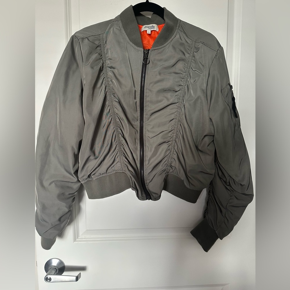 Charlotte Russe Olive Green Bomber Jacket with Orange Lining